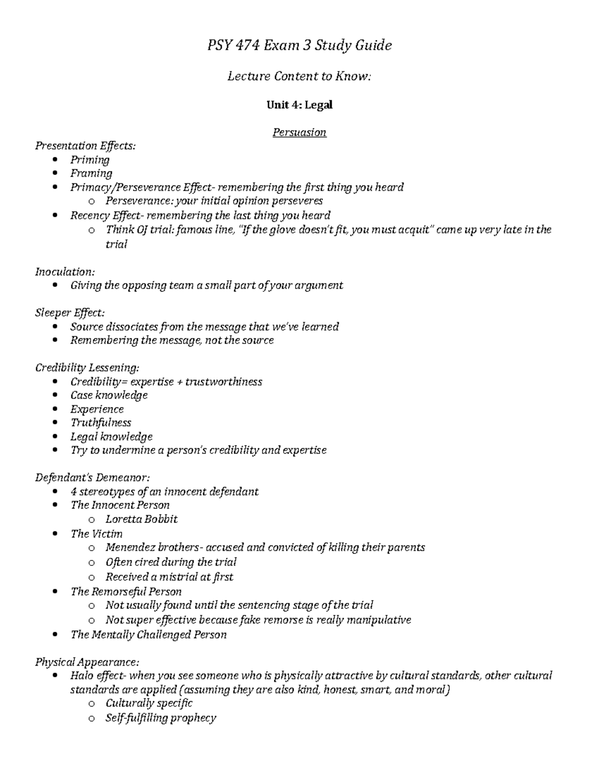 PSY 474 Exam 3 Study Guide PSY 474 Exam 3 Study Guide Lecture Content to Know Unit 4 Legal
