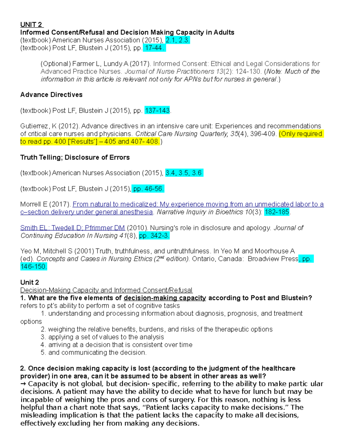 Unit 2 Study Questions - UNIT 2 Informed Consent/Refusal and Decision ...