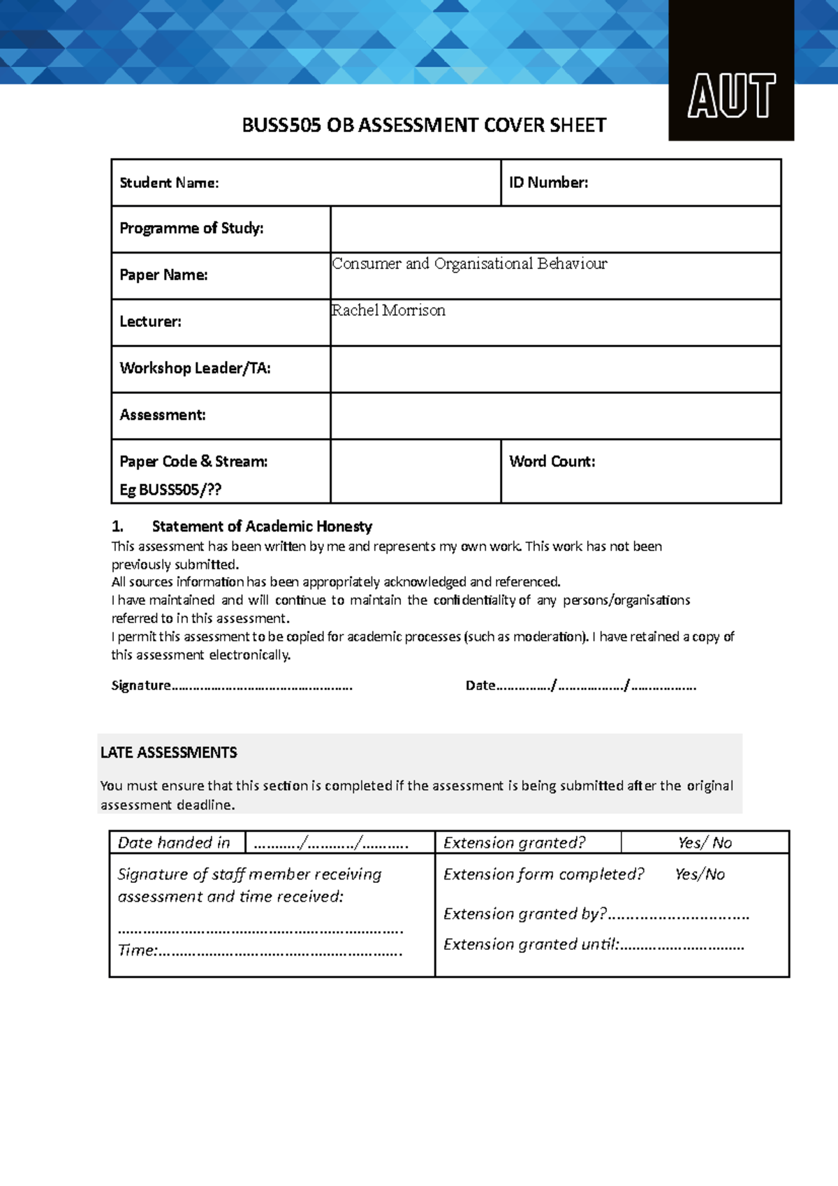 Template OB assessment BUSS505 OB ASSESSMENT COVER SHEET Student Name