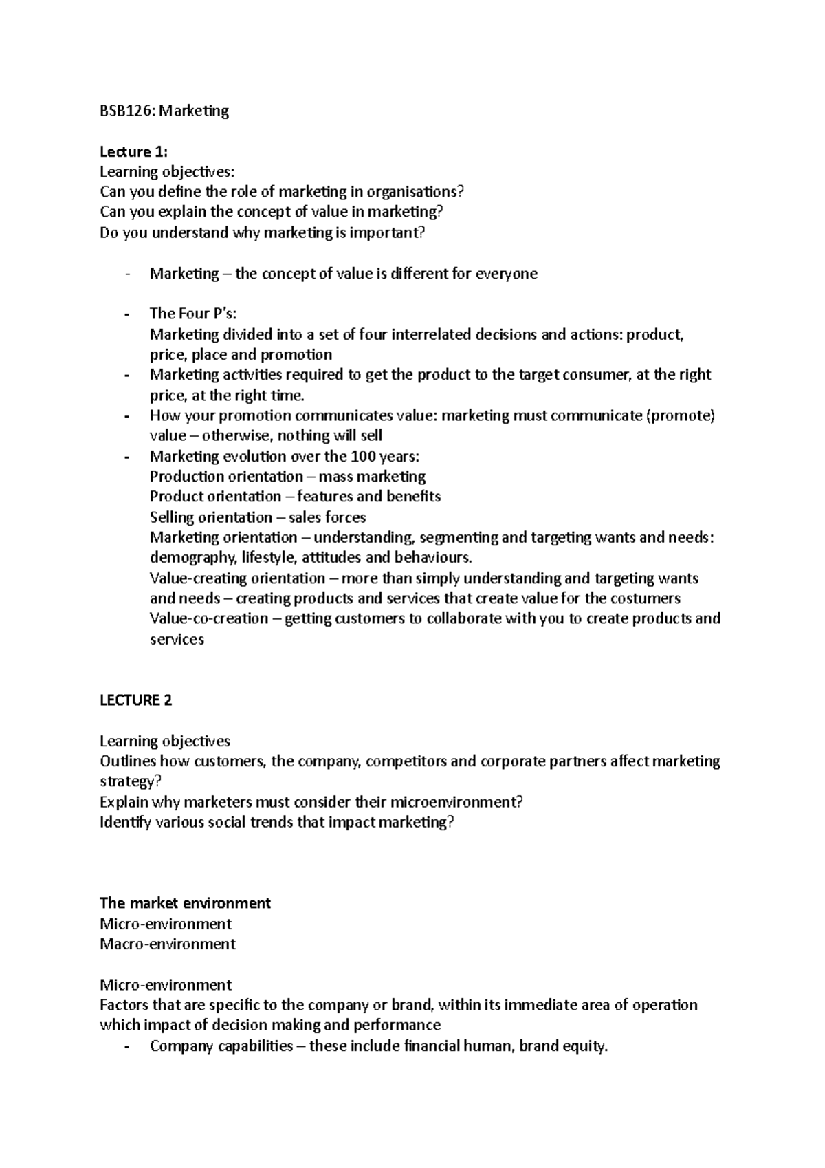 BSB126 - Lecture notes 1-13 - BSB126: Marketing Lecture 1: Learning ...