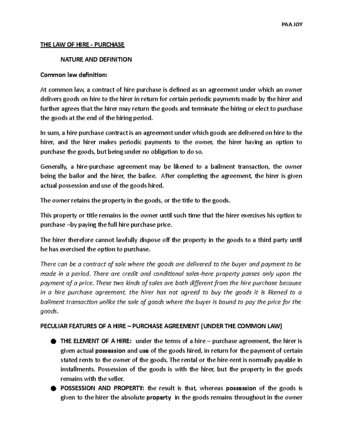 Hire purchase law notes picture
