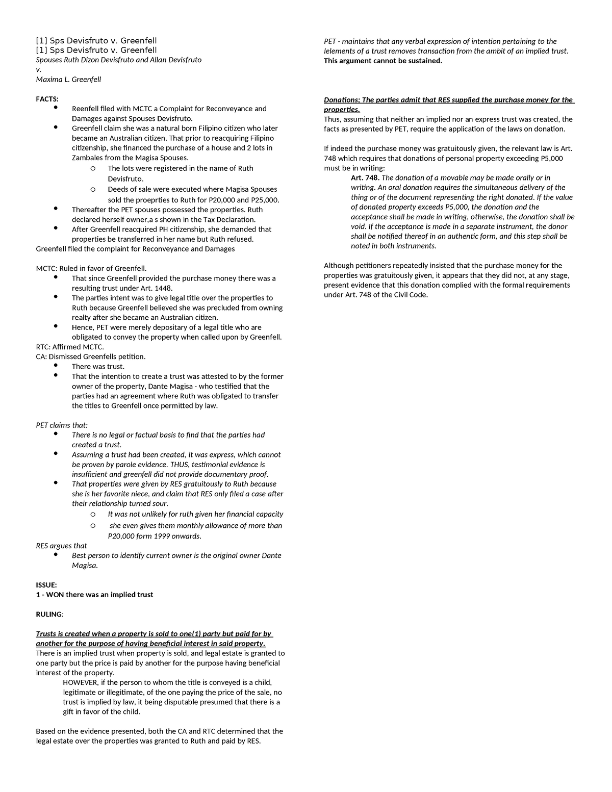 Trusts-Case-Digests - [1] Sps Devisfruto v. Greenfell [1] Sps ...