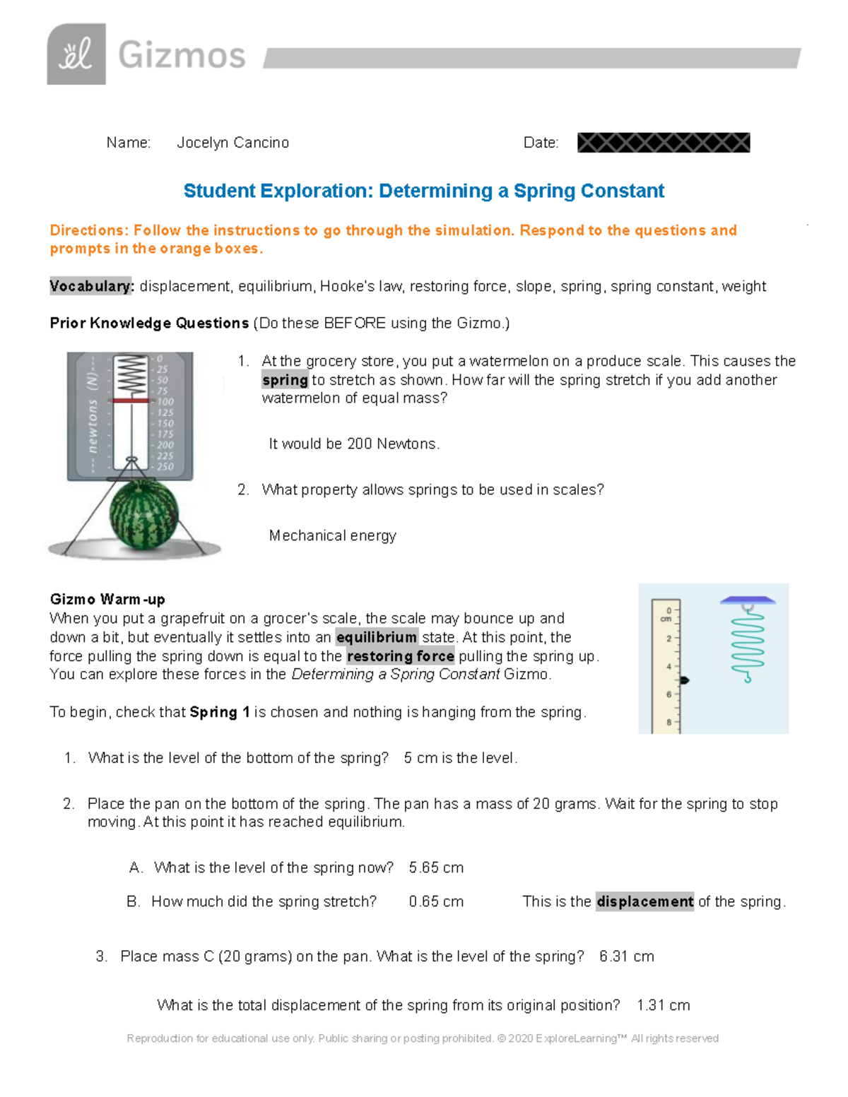 Determining Spring Constant SE - Name: Jocelyn Cancino Date: Student ...