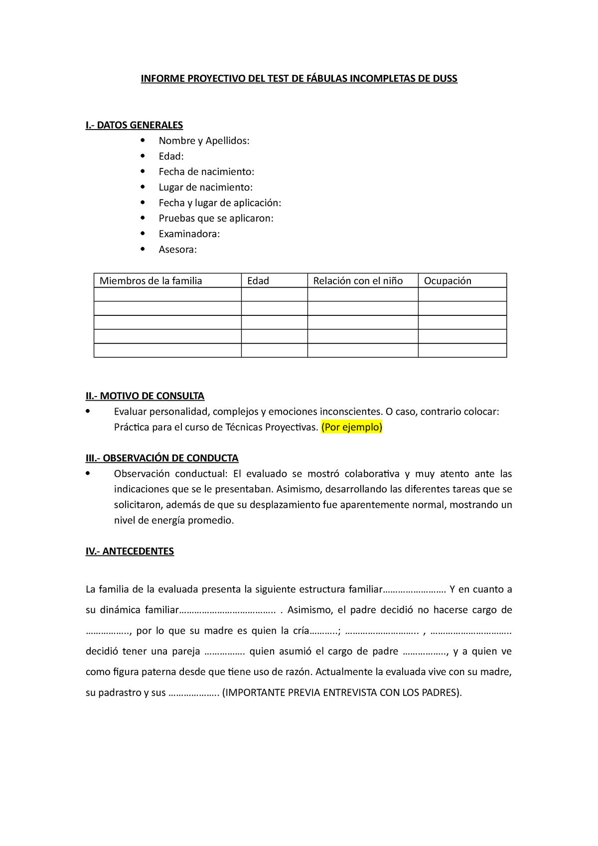 4 Modelo De Informe Proyectivo De Fábulas De Duss - INFORME PROYECTIVO ...