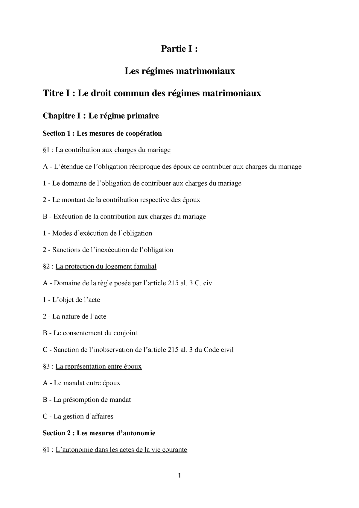 Plan Partie I, titre I - Plan du cours de droit civil des biens. - 1 ...