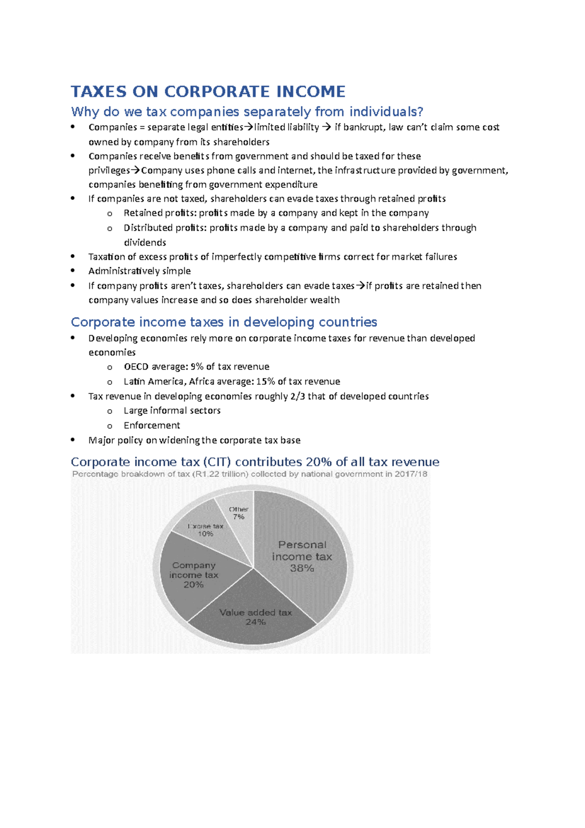 Tax on corp income - just notes - TAXES ON CORPORATE INCOME Why do we ...
