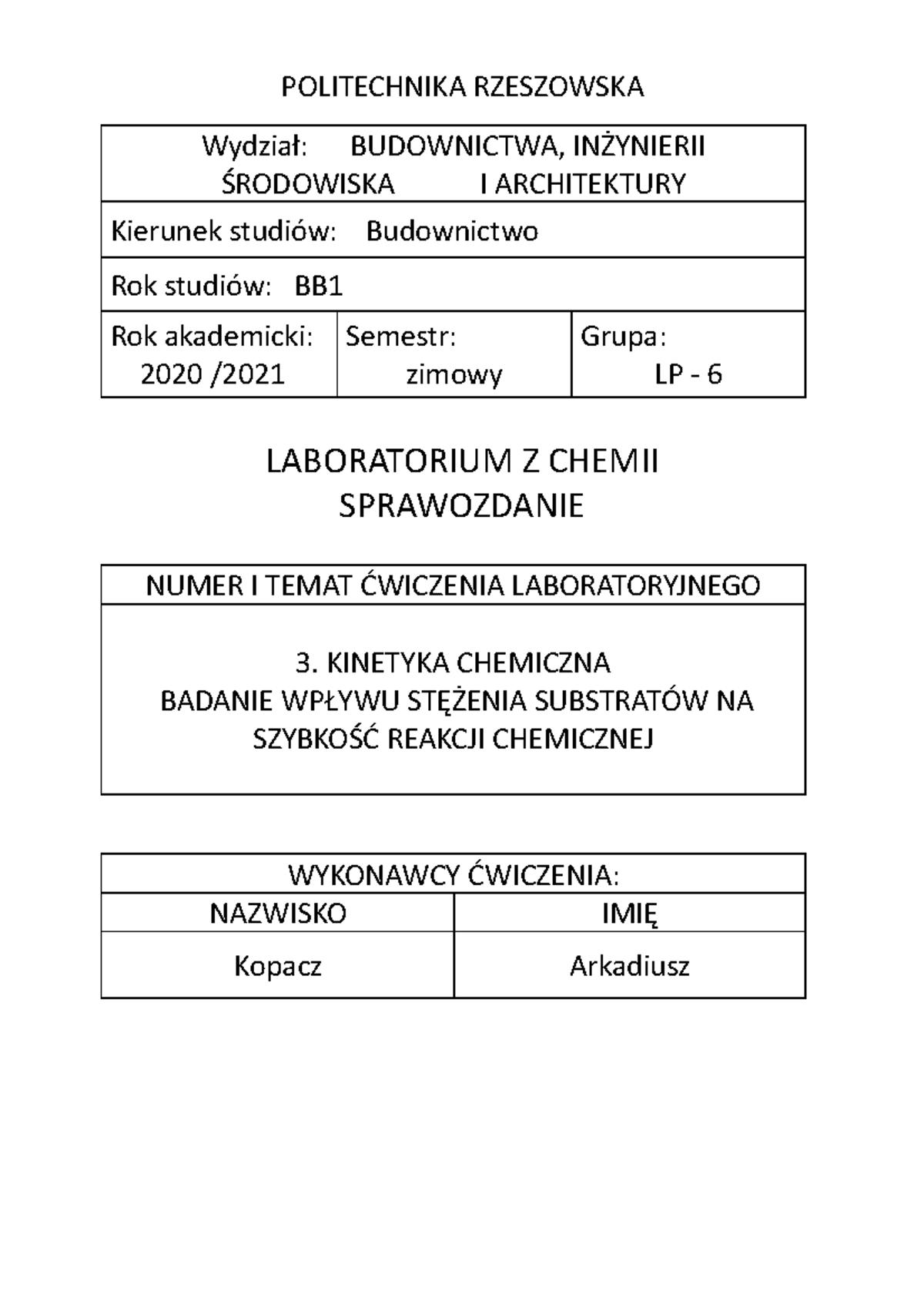 Ghhjiioo8iiijjj - POLITECHNIKA RZESZOWSKA Wydział: BUDOWNICTWA