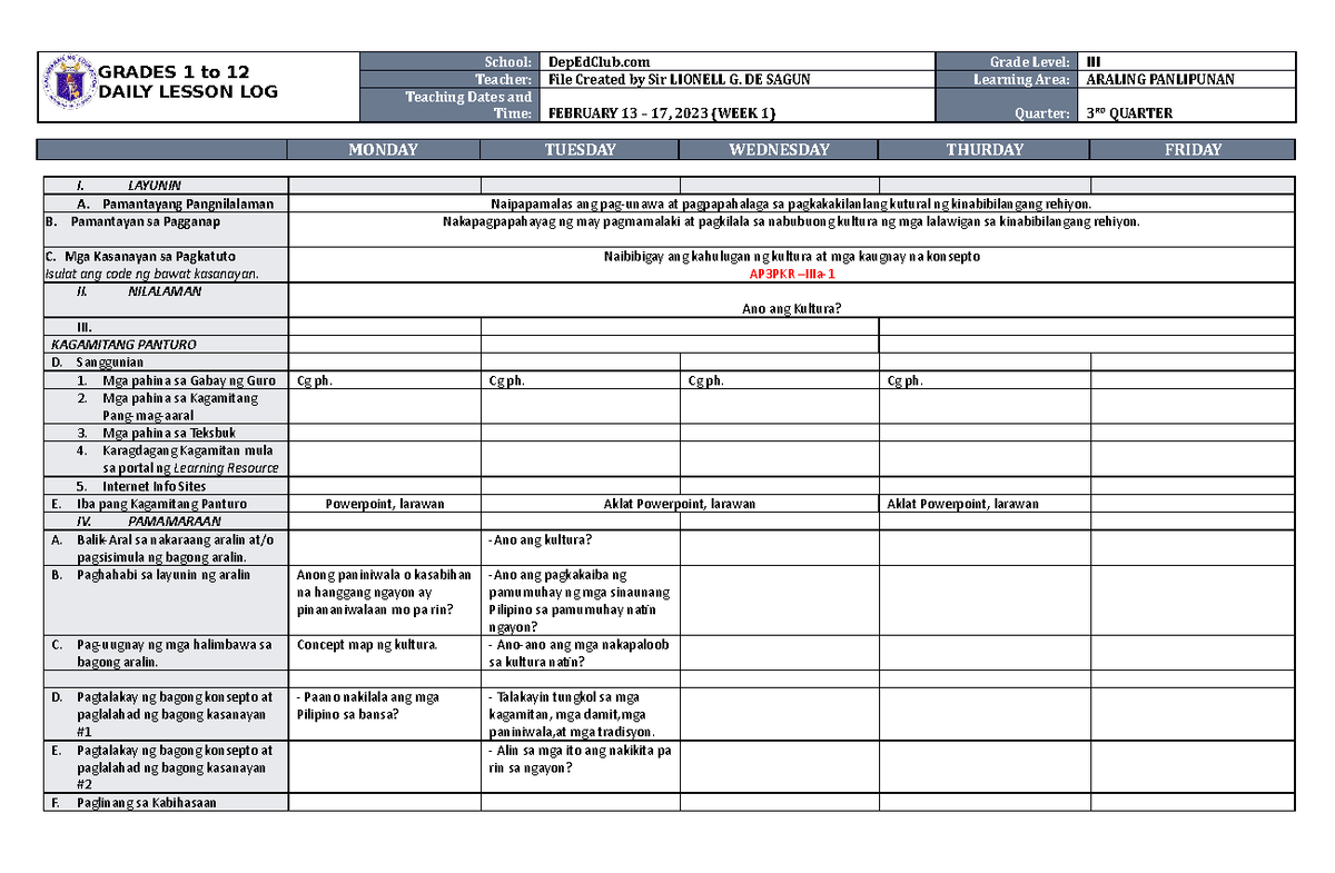 DLL Araling Panlipunan 3 Q3 W1 - GRADES 1 to 12 DAILY LESSON LOG School ...