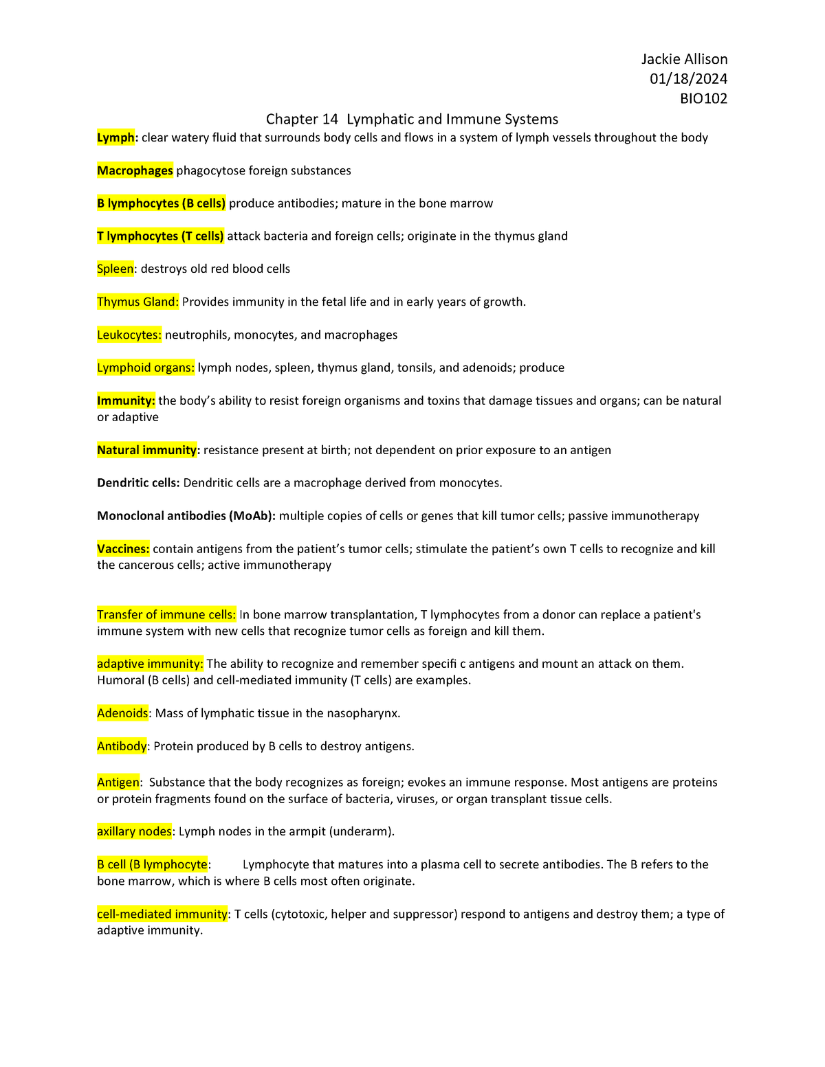 BIO102 Chapter 14 Lymph - 01/18/ BIO Chapter 14 Lymphatic and Immune ...