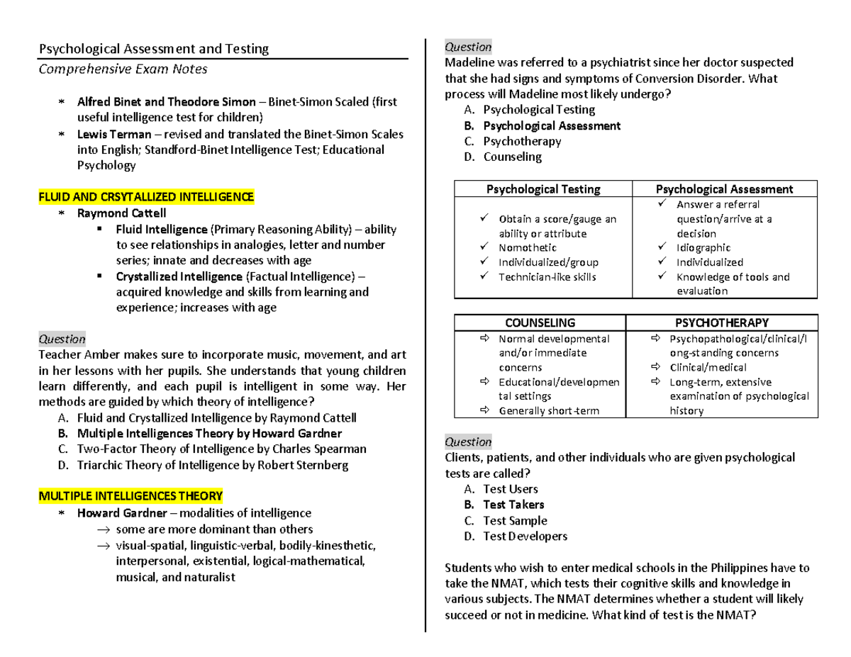 Psychological Assessment and Testing Comprehensive Exam Notes - She ...