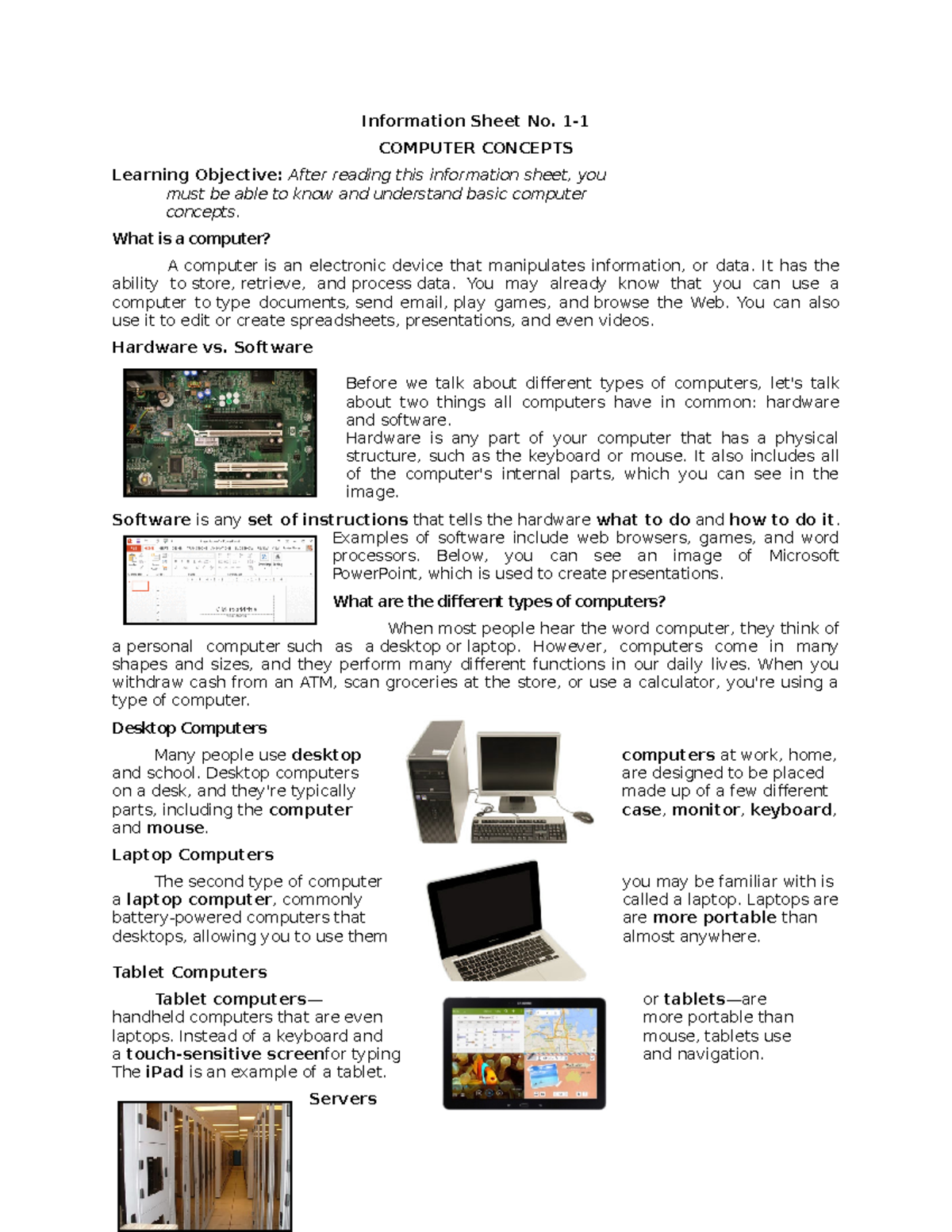 Information Sheet No1 1 COMPUTER CONCEPTS Learning Objective After