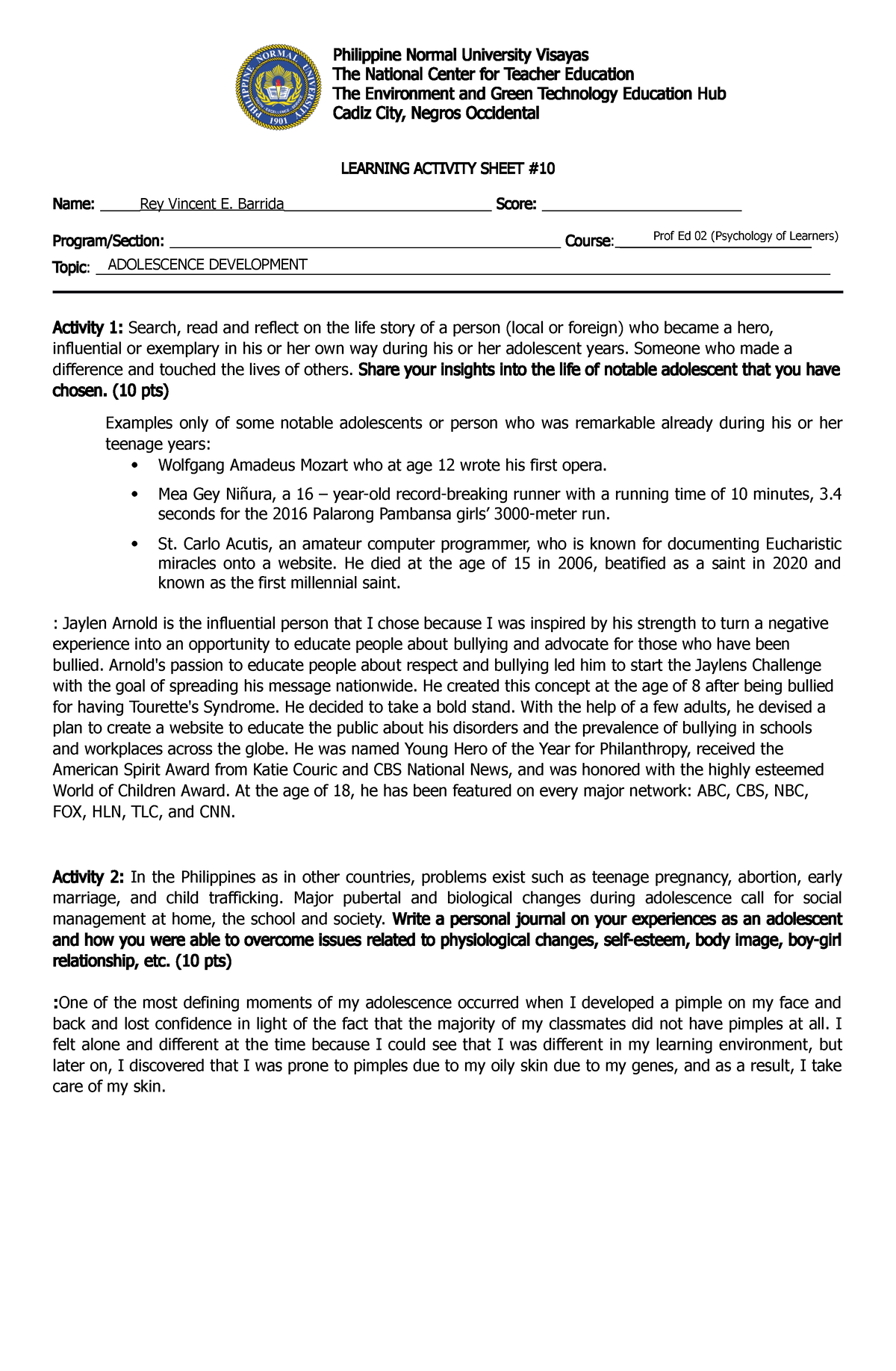 LAS #10 Adolescence Development (Barrida) - LEARNING ACTIVITY SHEET ...