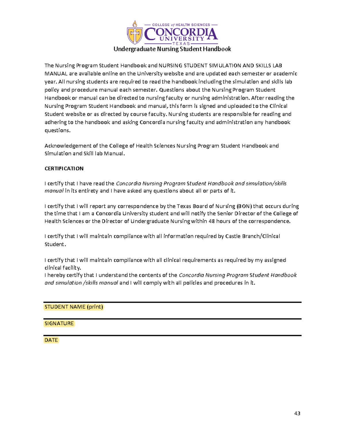 Student Handbook and Simulation and Skills Lab Acknowledgement ...