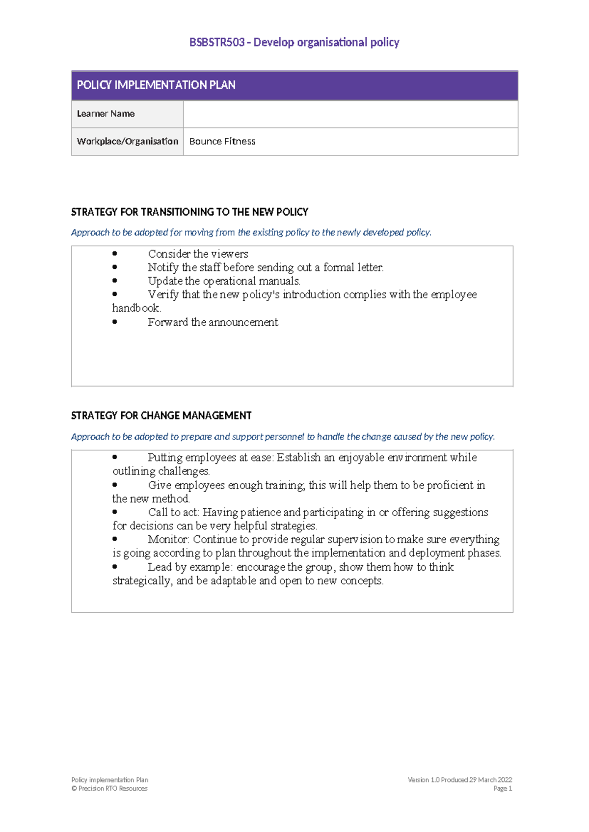 Bsbstr 503 Policy Implementation Plan - BSBSTR503 - Develop ...
