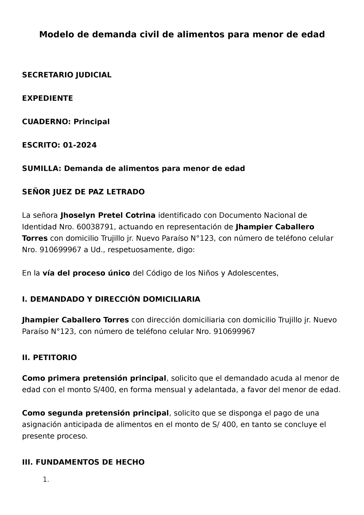 Modelo De Demanda Civil De Alimentos Para Menor De Edad 2do Ciclo Modelo De Demanda Civil De 4533