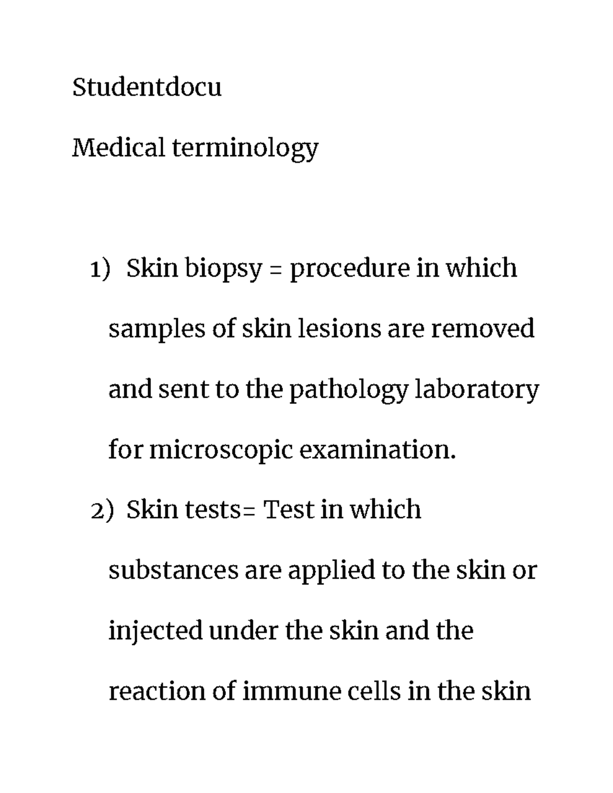 23 notes Studentdocu Medical terminology Skin biopsy = procedure in