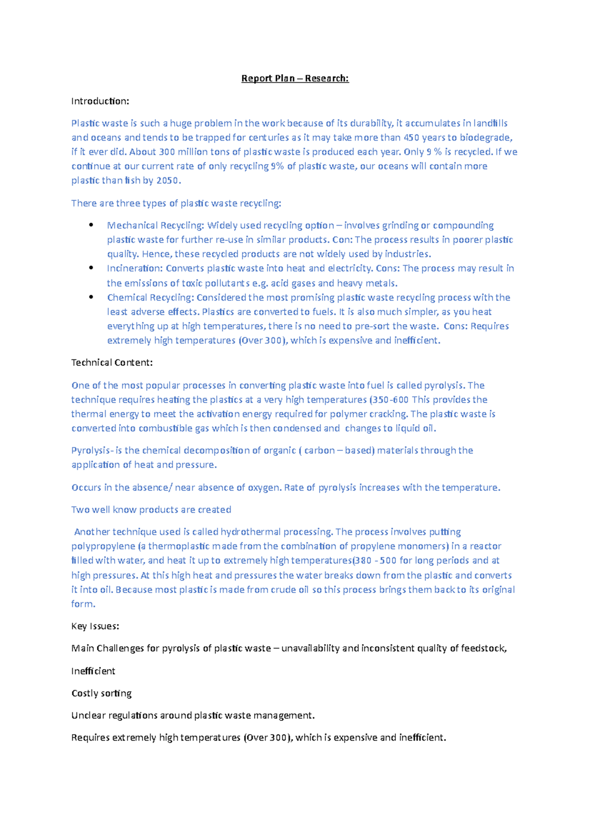 Technical Report Plan - ipe project plastics - Report Plan – Research ...
