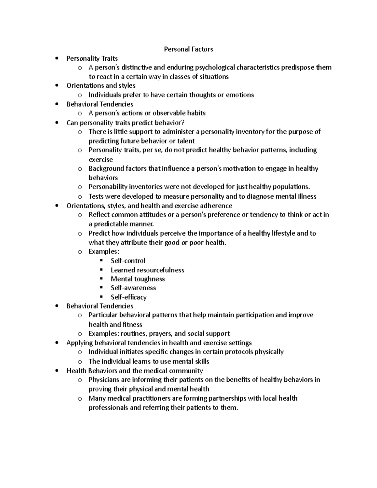 Chapter 5 Health - Personal Factors Personality Traits o A person’s ...