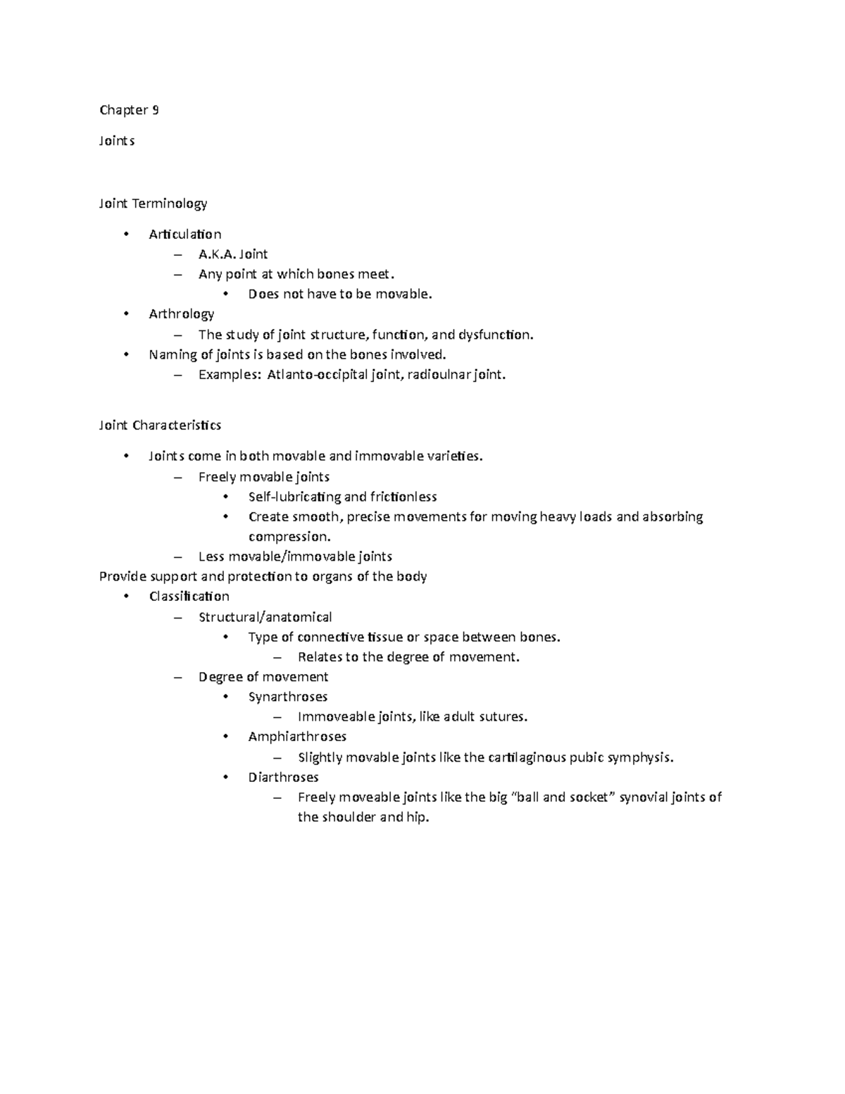 Biol 241 Chapter 9 - Anatomy and Physiology - Chapter 9 Joints Joint ...