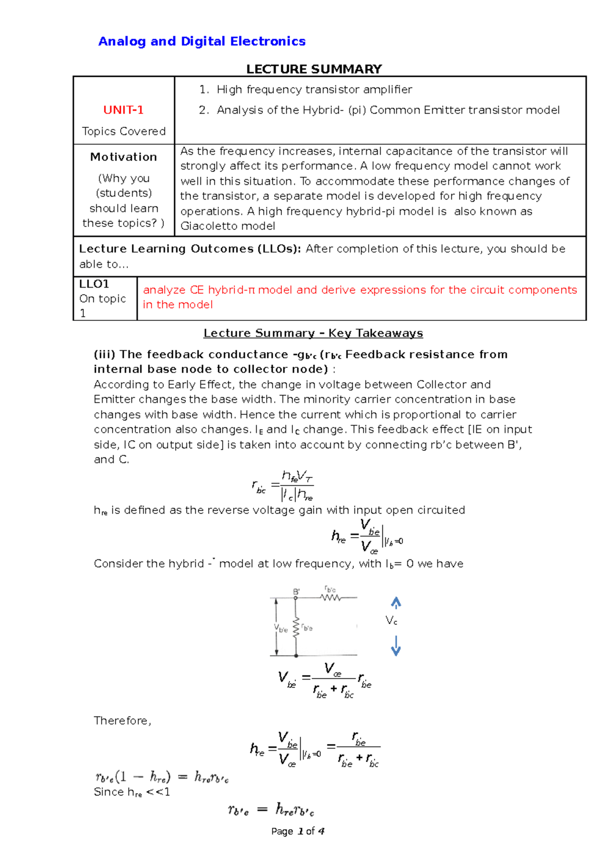 High frequency transistor amplifier LECTURE SUMMARY UNIT Topics