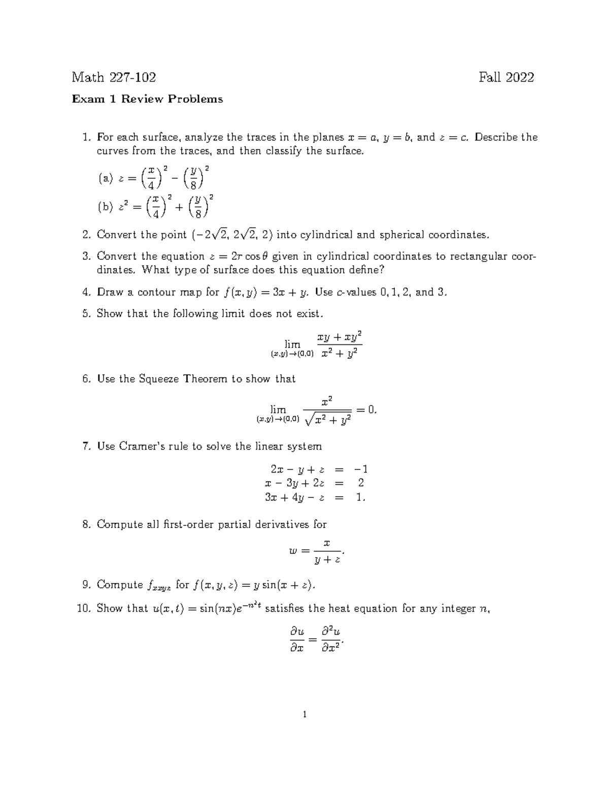 Exam1Review Math 227 Fall2022 - Math 227-102 Fall 2022 Exam 1 Review ...