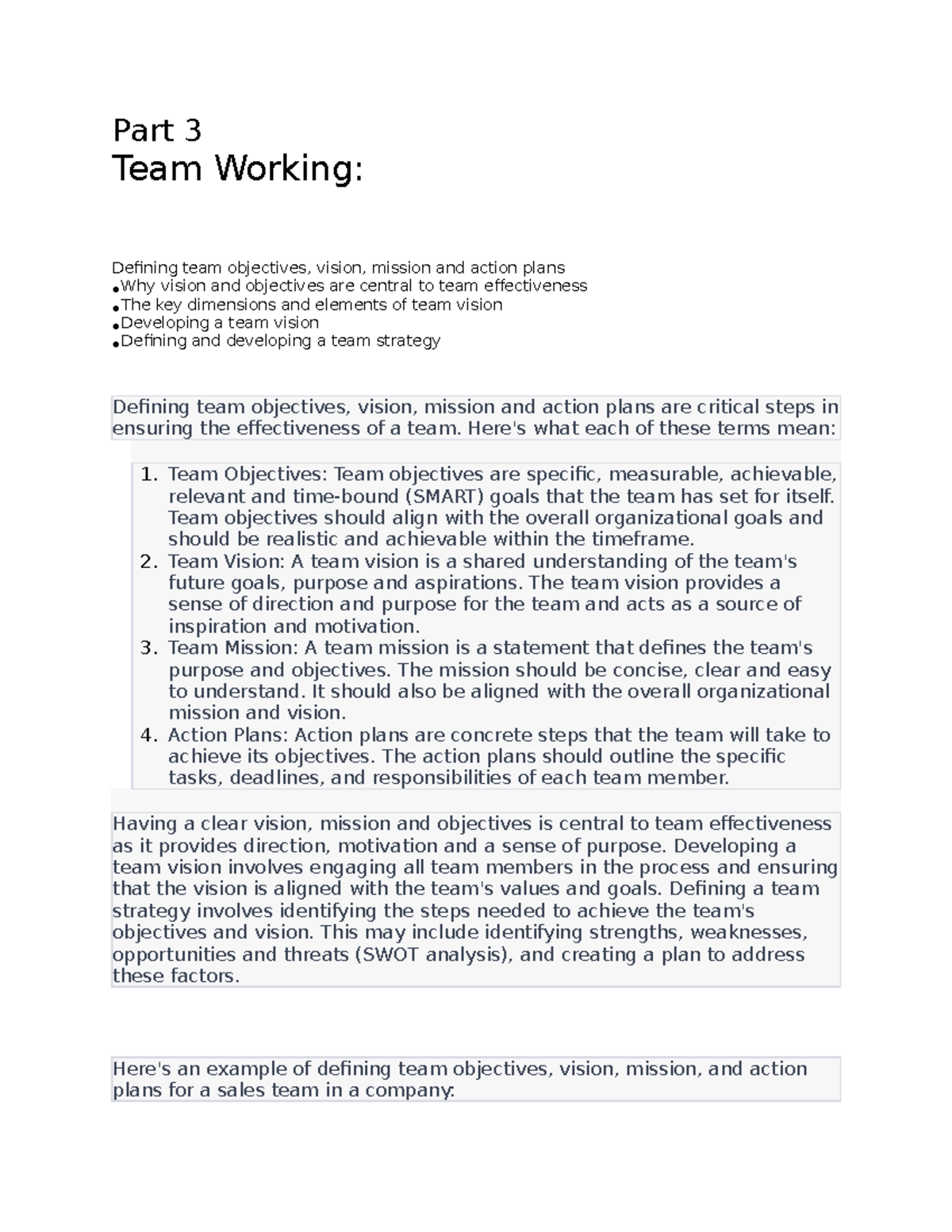 Orgb 3770 team working - Part 3 Team Working: Defining team objectives ...