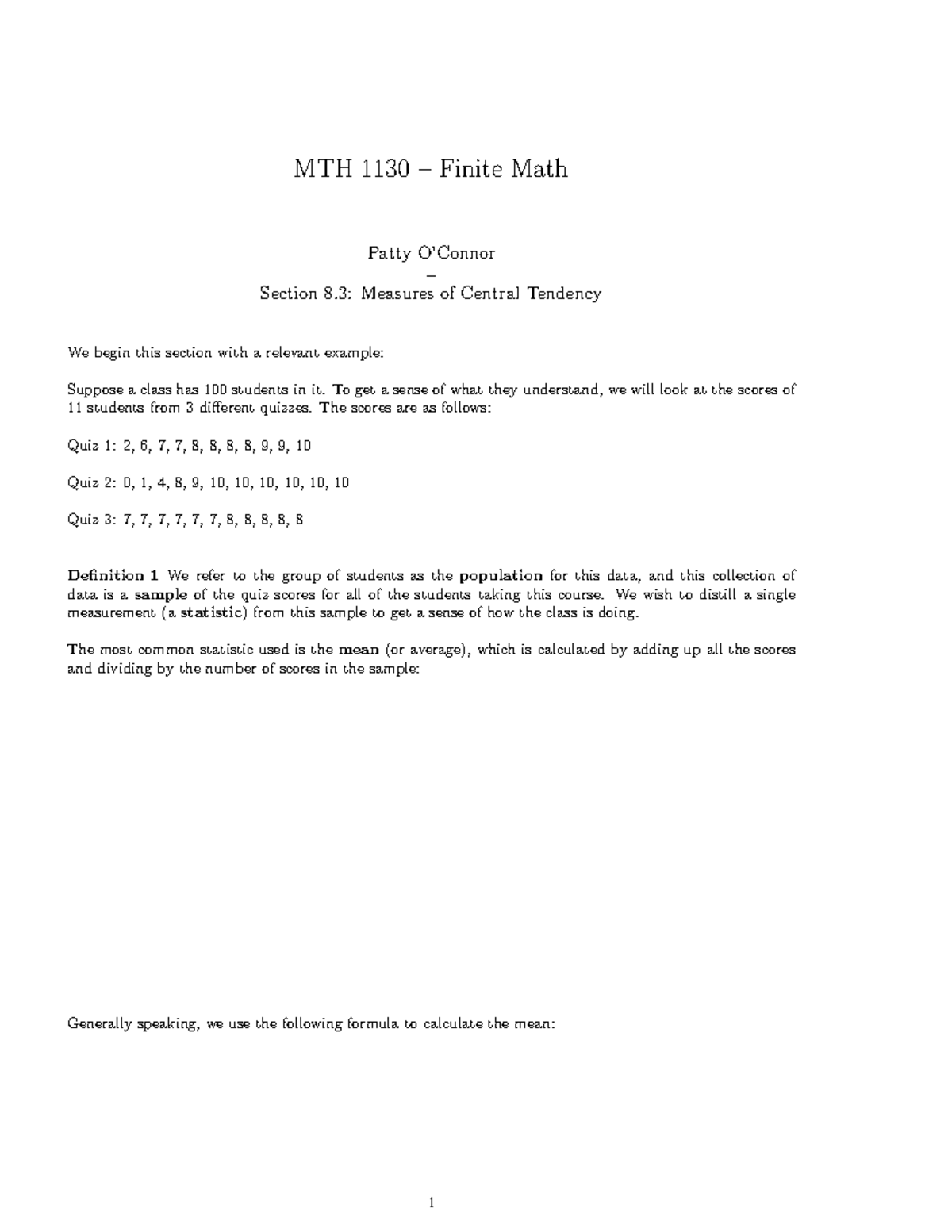Measure of Central Tendency Notes - MTH 1130 – Finite Math Patty O ...