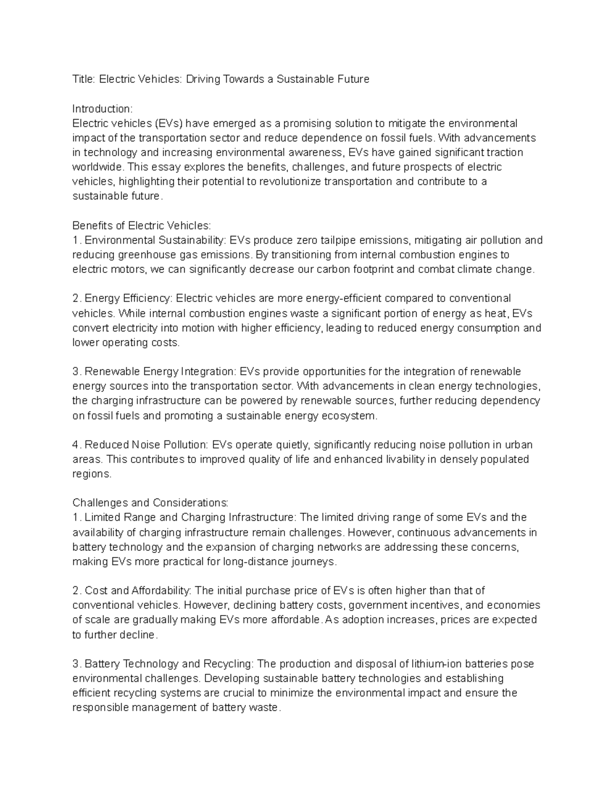 Essay 4 Title Electric Vehicles Driving Towards a Sustainable