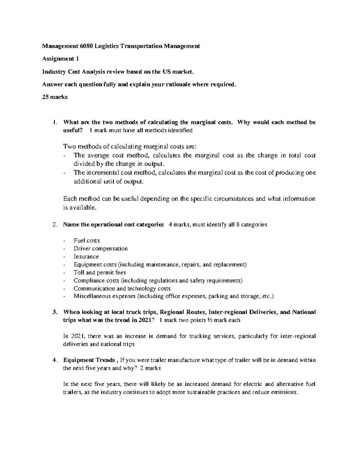 Assignment 1 - Understanding Cost - Management 6080 Logistics ...