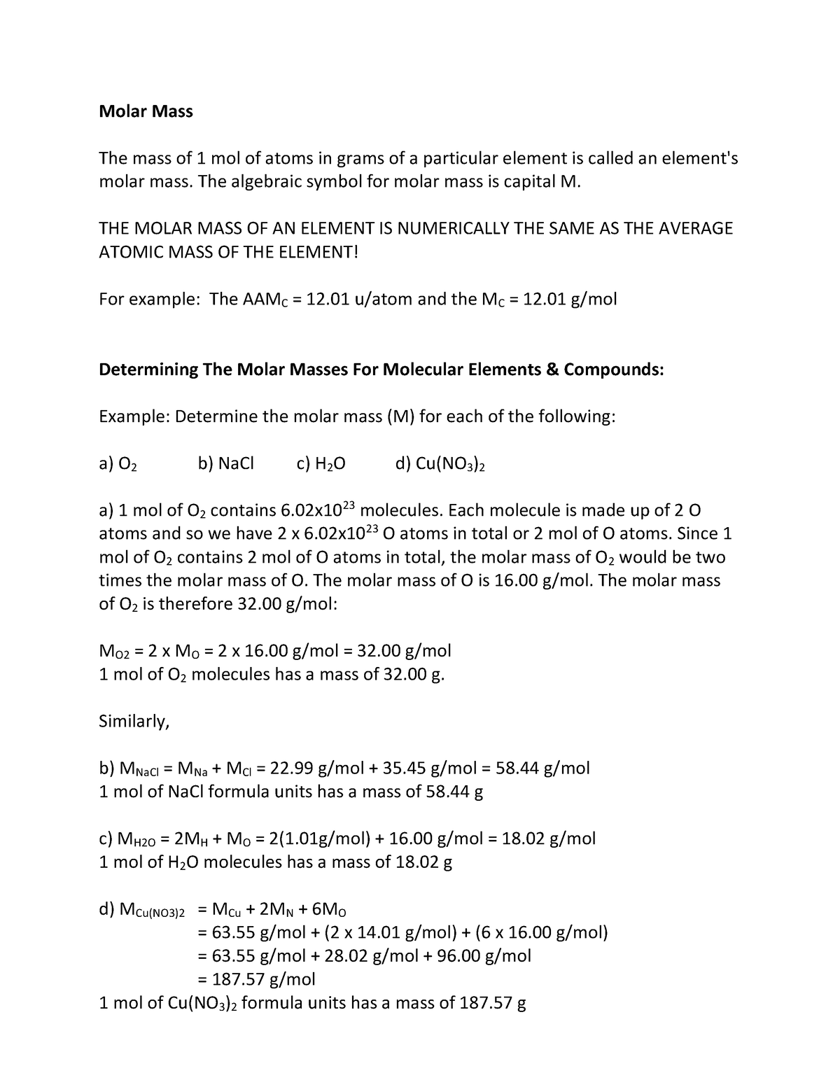 Molar Mass Molar Mass The Mass Of 1 Mol Of Atoms In Grams Of A Particular Element Is Called An 2424