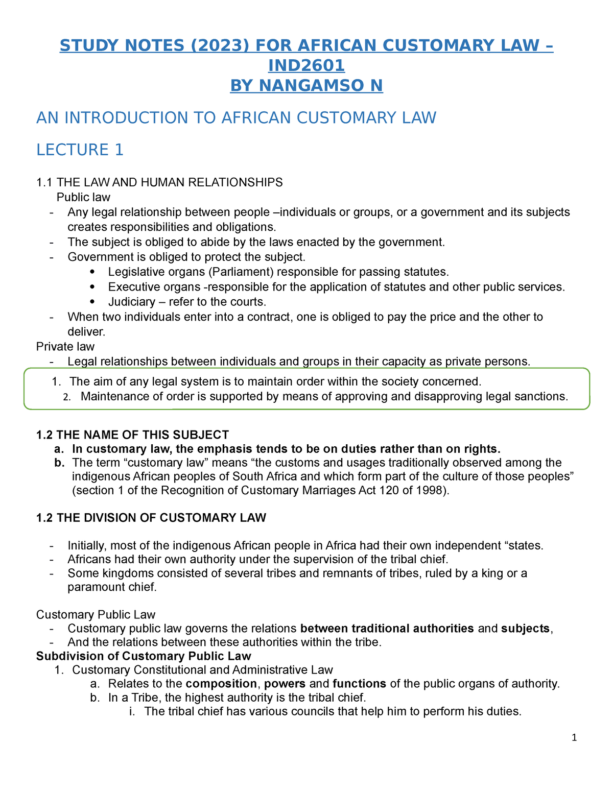 African Customary Law Notes Study Notes For African Customary