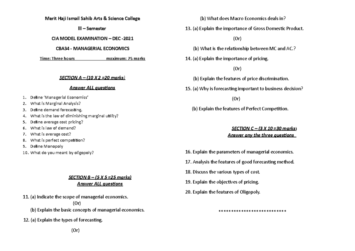 Second Year B.B.A. Managerial Economics - B.Com GENERAL - Studocu