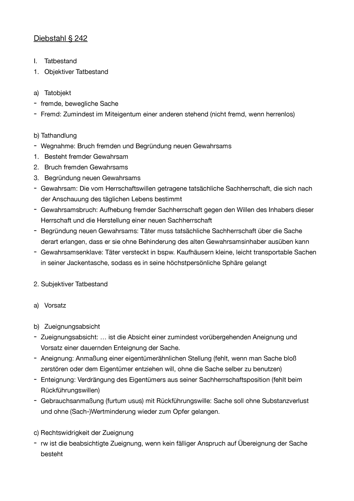 Diebstahl Schemata + Definitonen - Diebstahl § 242 I. Tatbestand ...