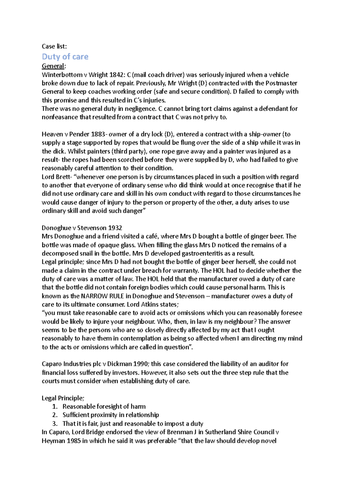 Case list Duty of Care Cases Case list Duty of care General