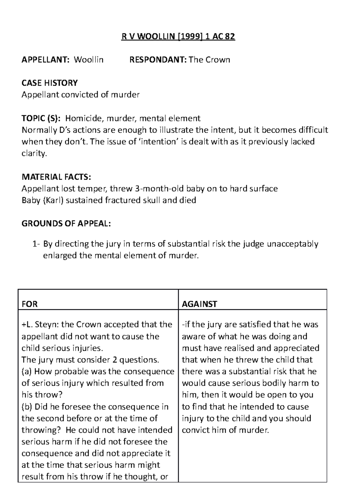 R V Woollin criminal law - R V WOOLLIN [1999] 1 AC 82 APPELLANT ...