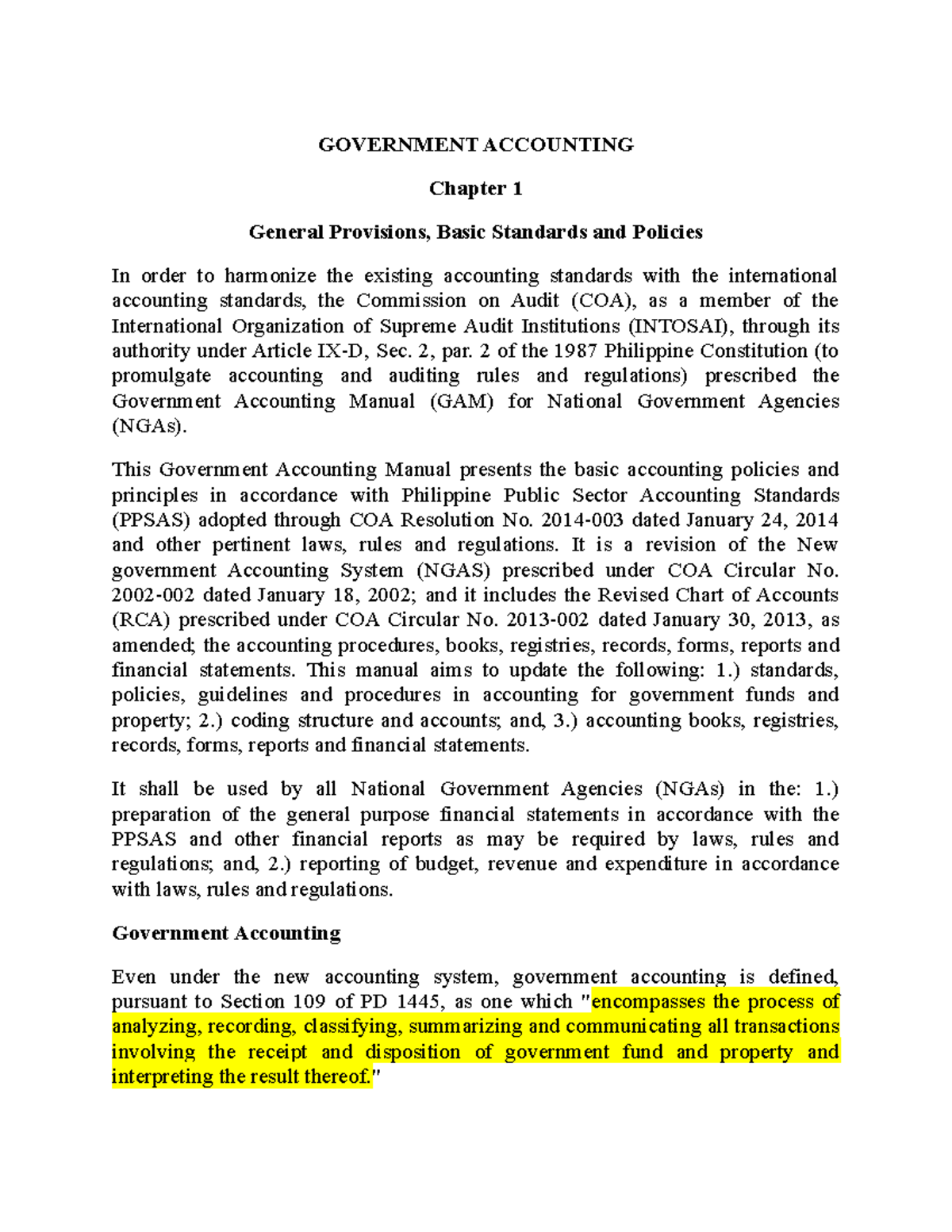 Chapter 1 - GOVERNMENT ACCOUNTING Chapter 1 General Provisions, Basic ...