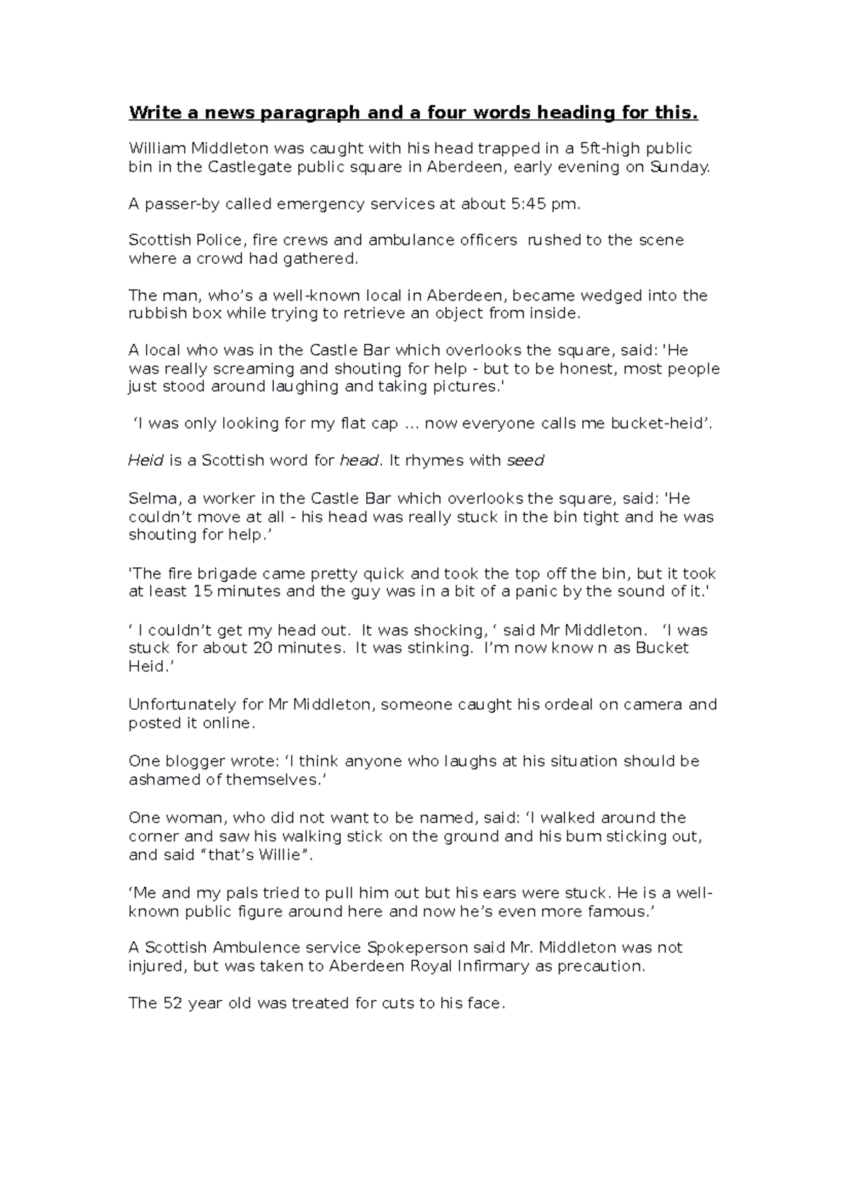 Week five class exercise - Write a news paragraph and a four words ...