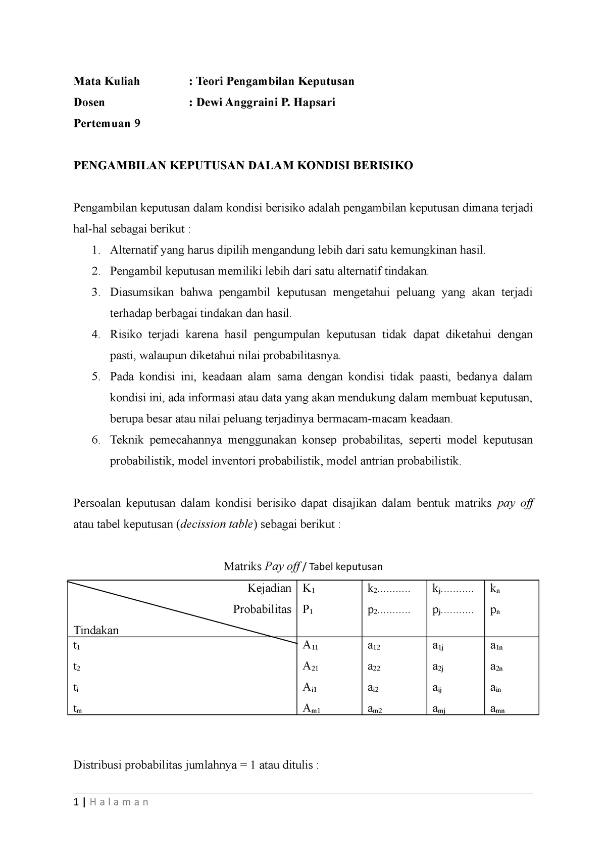 Pengambilan Keputusan Dalam Kondisi Berisiko - Mata Kuliah : Teori ...