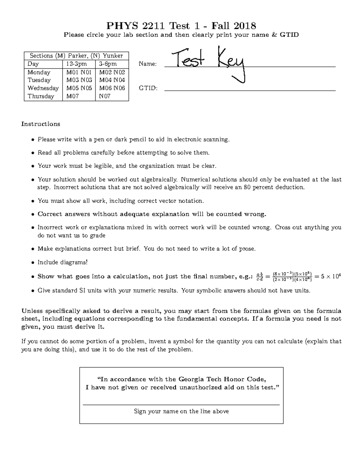 2211 Test 1 Key Old Practice Test Phys 2211 Test 1 Fall 2018