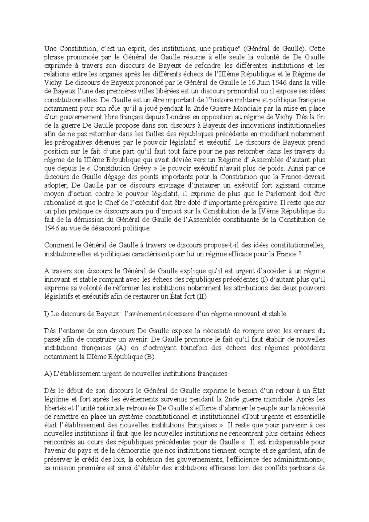 dissertation sur le discours de Bayeux Une Constitution, c’est un esprit, des institutions dissertation sur le discours de Bayeux Une Constitution, c’est un esprit, des institutions