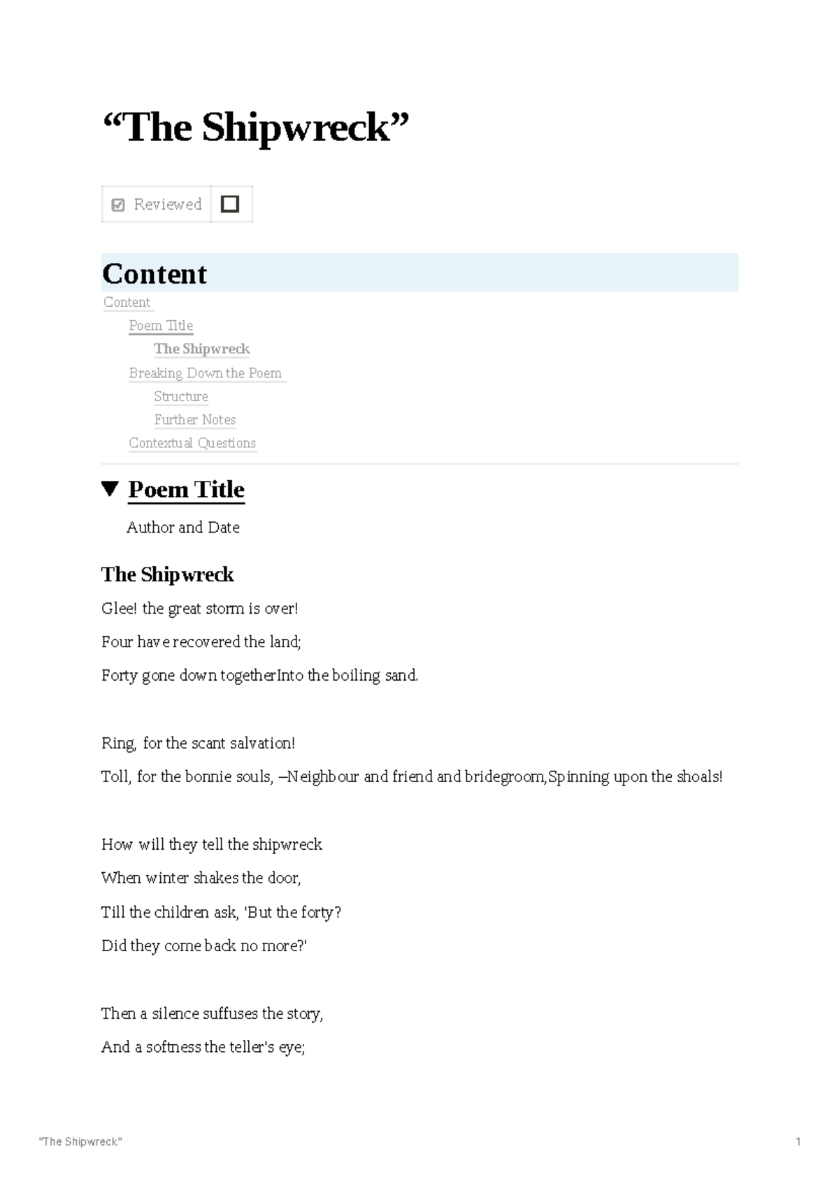 The Shipwreck - “The Shipwreck” Reviewed Content Poem Title Author and ...