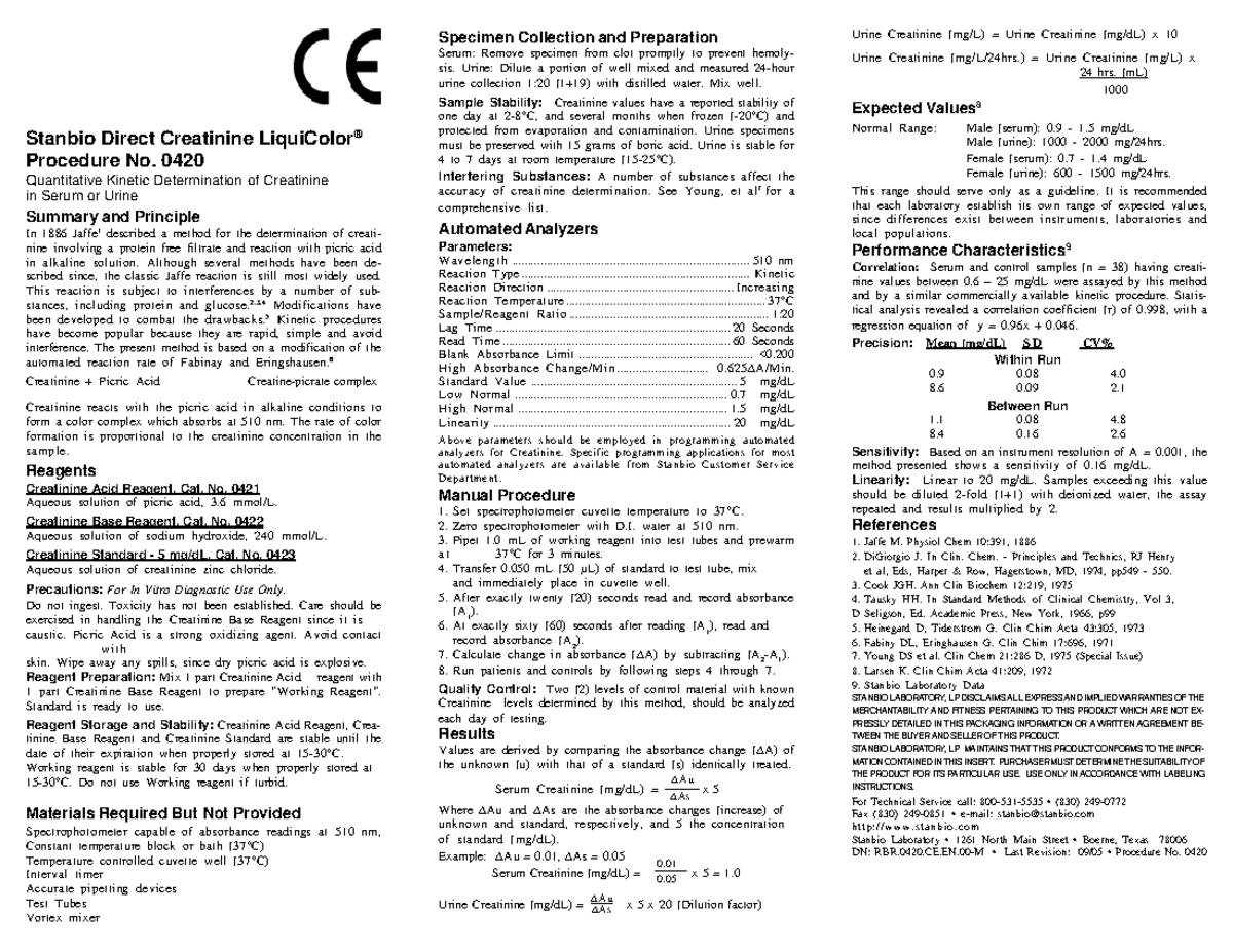 Direct-creatinine - cc1 lab p2 reference - Stanbio Direct Creatinine ...
