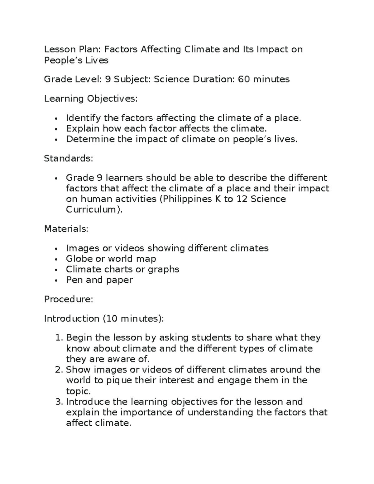 Lesson Plan - Explain how each factor affects the climate. Determine ...