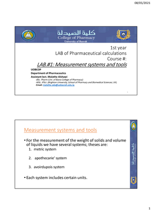 Introduction to Pharmaceutical Calculation. Units of measurement