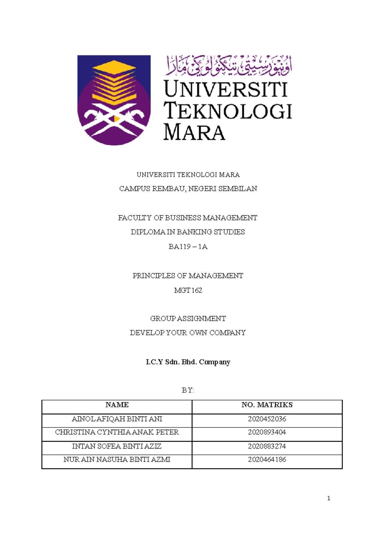 Assignment Group - UNIVERSITI TEKNOLOGI MARA CAMPUS REMBAU, NEGERI ...