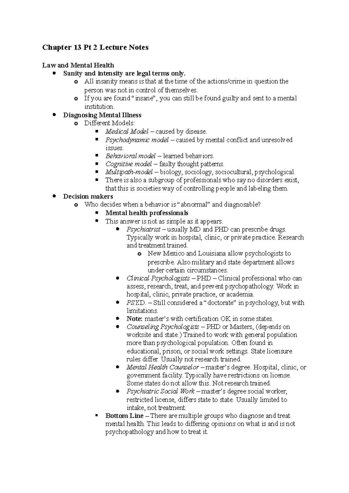 Chapter 13 Pt 2 Lecture Notes Chapter 13 Pt 2 Lecture Notes Law And Mental Health Sanity And 3925