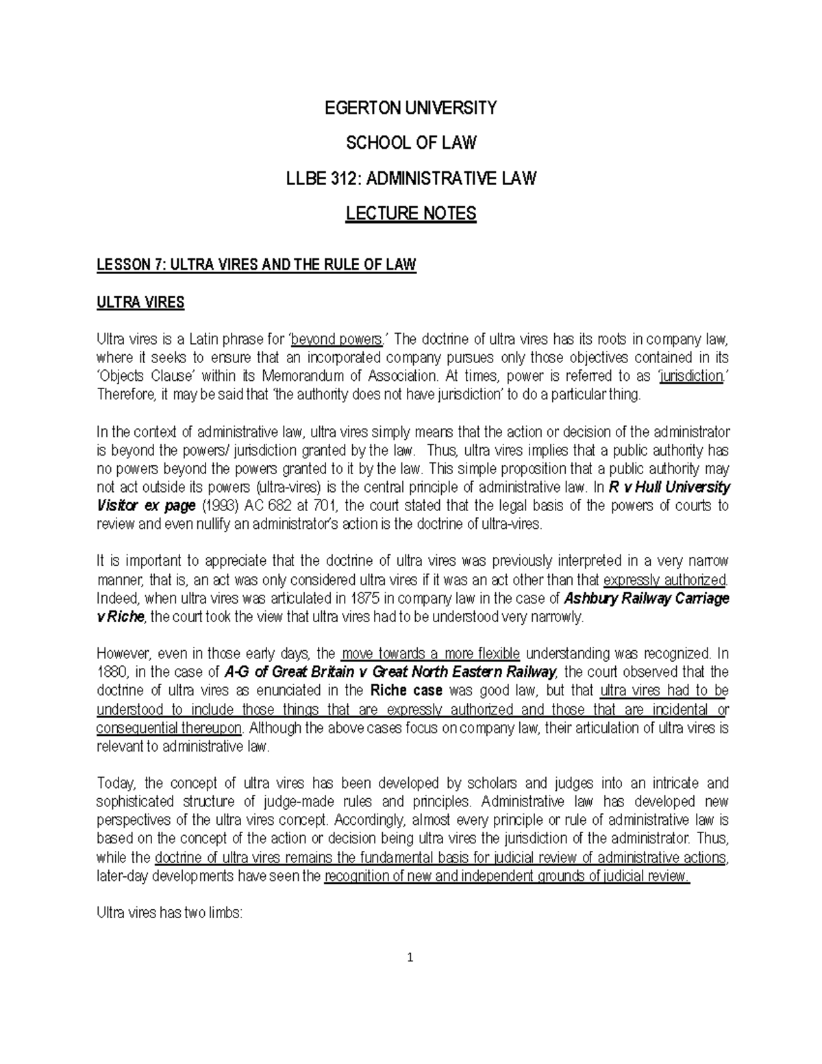 Lesson 7 Ultra Vire LLBE EGERTON UNIVERSITY SCHOOL OF LAW LLBE 