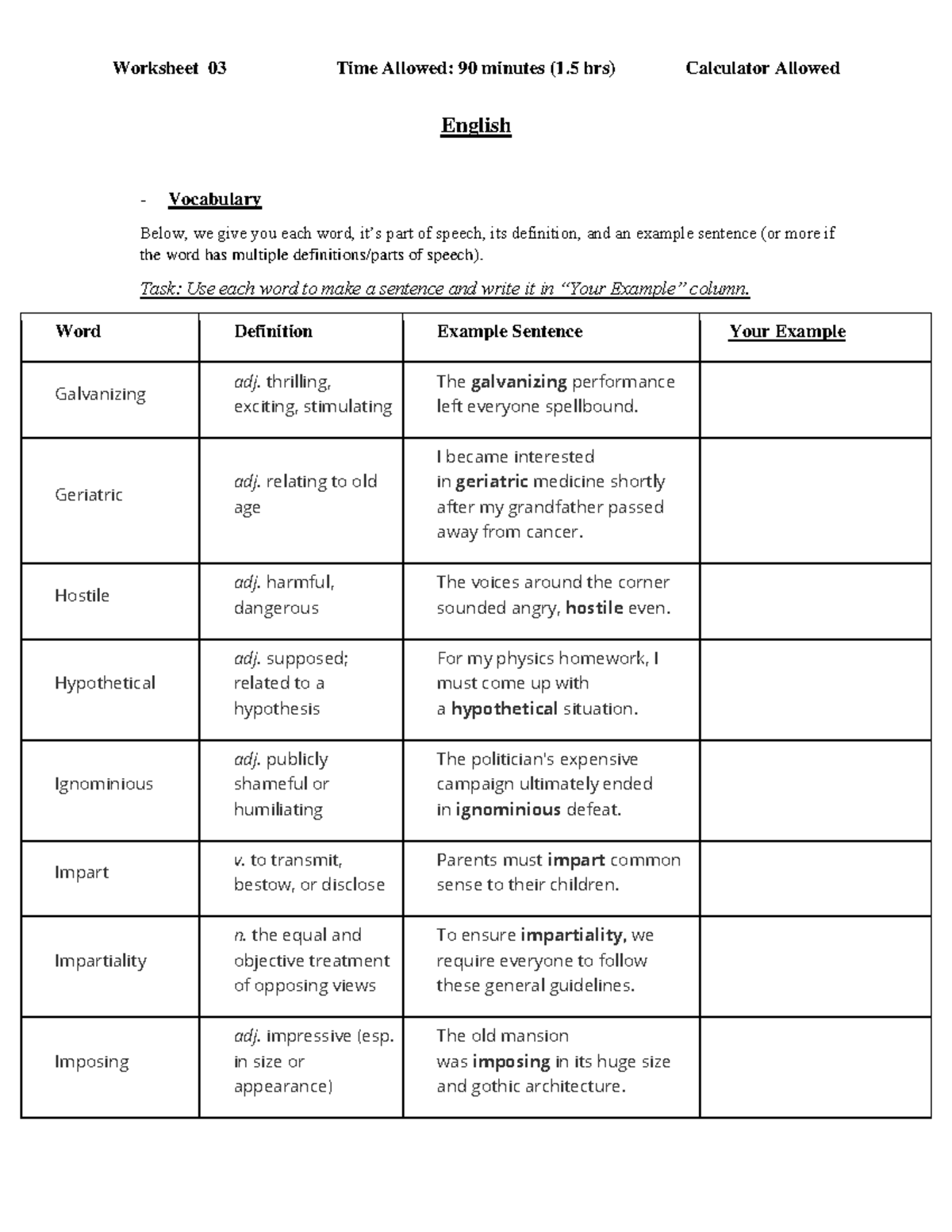 NOP Worksheet 3 - English - Vocabulary Below, we give you each word, it ...