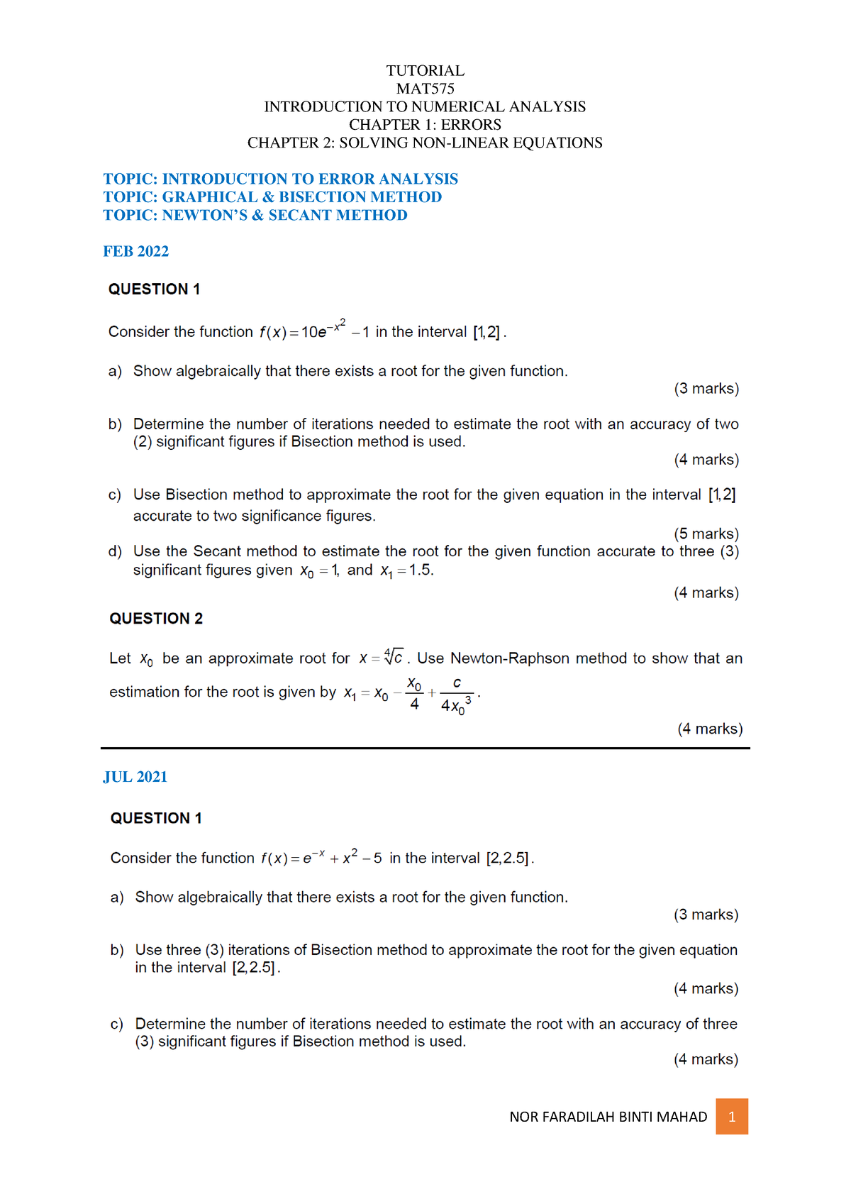 Tutorial 1+2 - Mathematics - TUTORIAL MAT INTRODUCTION TO NUMERICAL ...