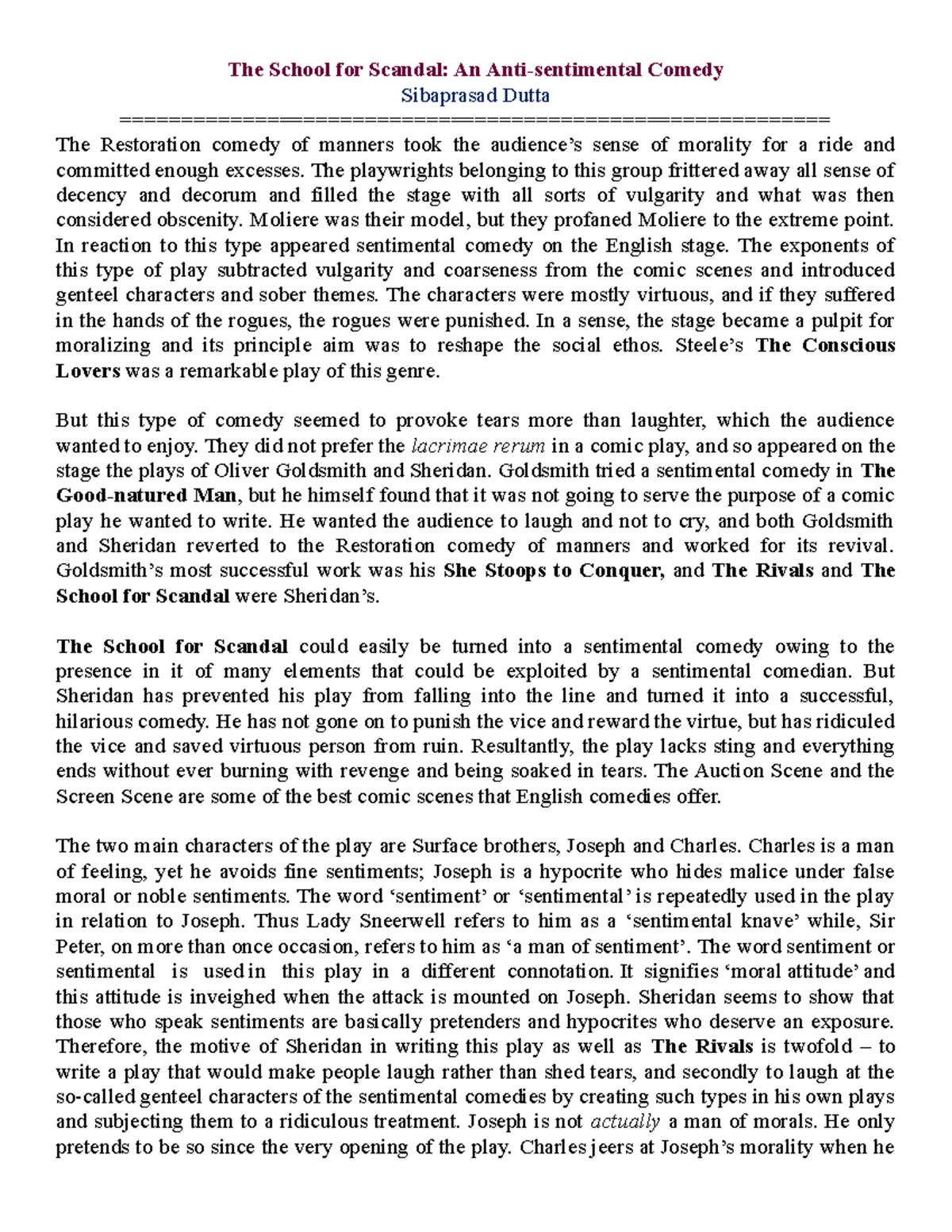 The School for Scandal An Anti Sentiment - The School for Scandal: An ...